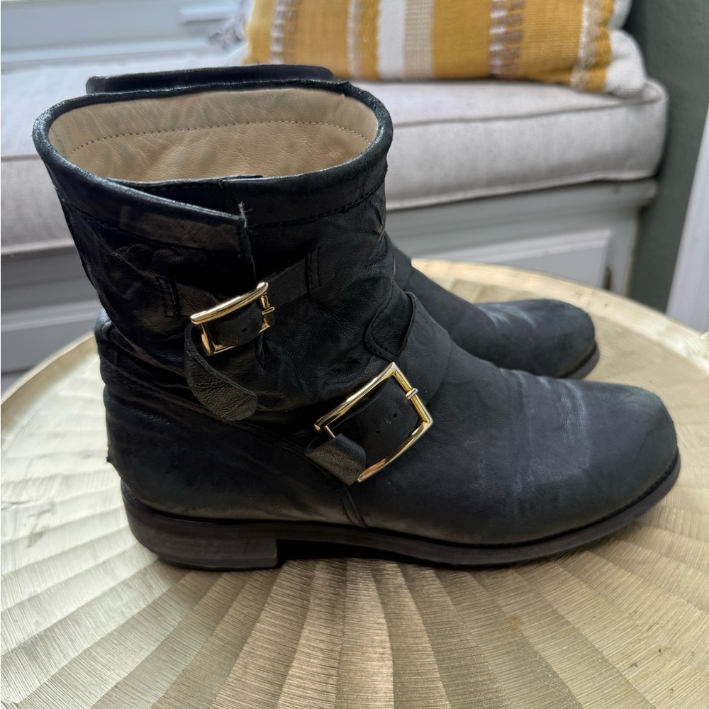 Jimmy Choo Black Ankle Boots with Gold Buckles